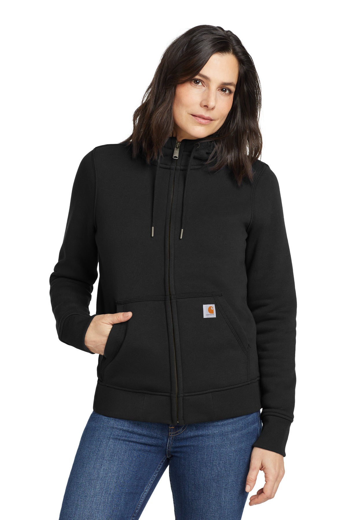 Black Carhartt women's Clarksburg full-zip hoodie worn by a model, front view showcasing the zip and hoodie details.