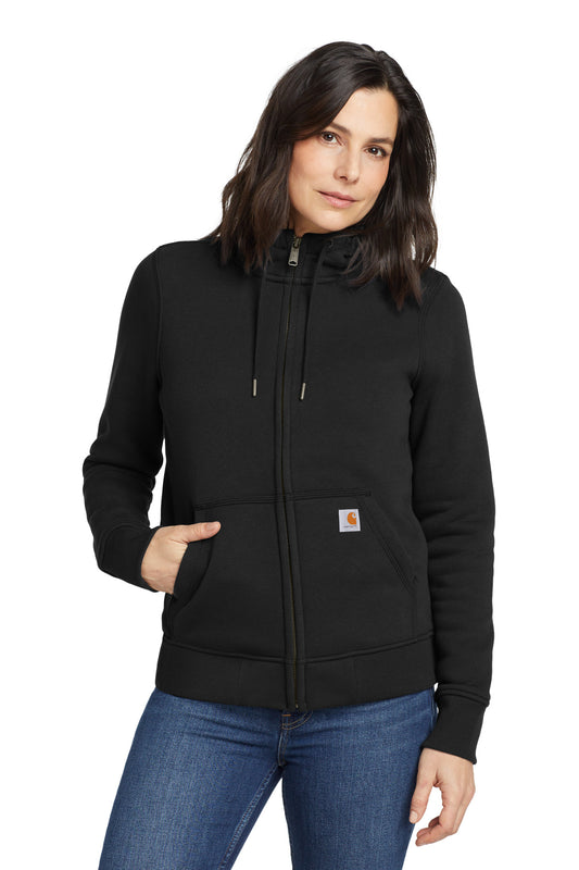 Black Carhartt women's Clarksburg full-zip hoodie worn by a model, front view showcasing the zip and hoodie details.