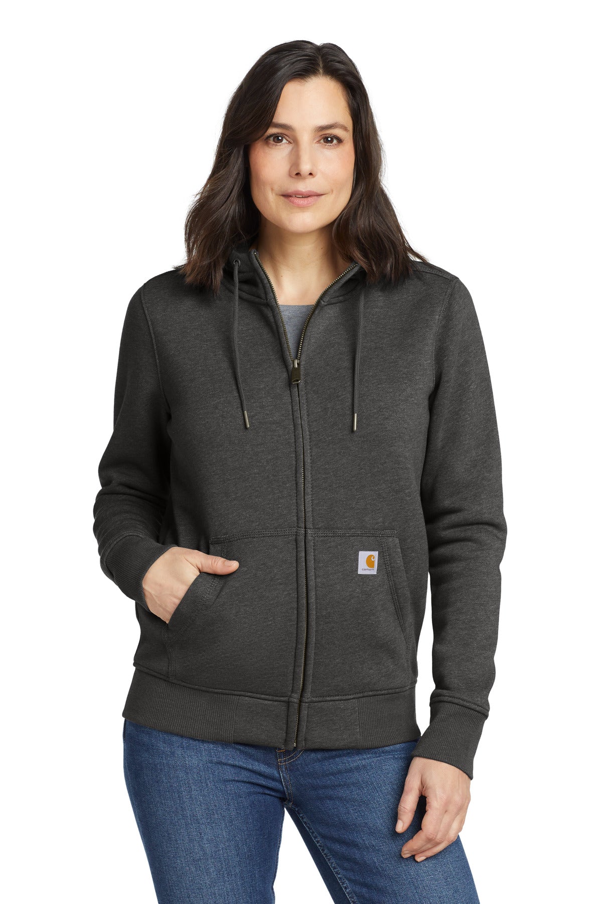 Carhartt women's Clarksburg full-zip hoodie in carbon heather, front view showcasing the stylish, comfortable sweatshirt.