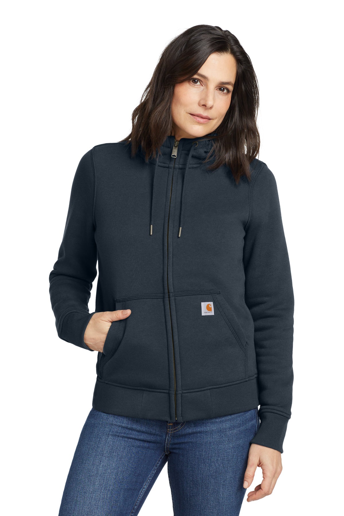 Navy Carhartt women's Clarksburg full-zip hoodie worn by a model, front view showing the zip closure and hood.
