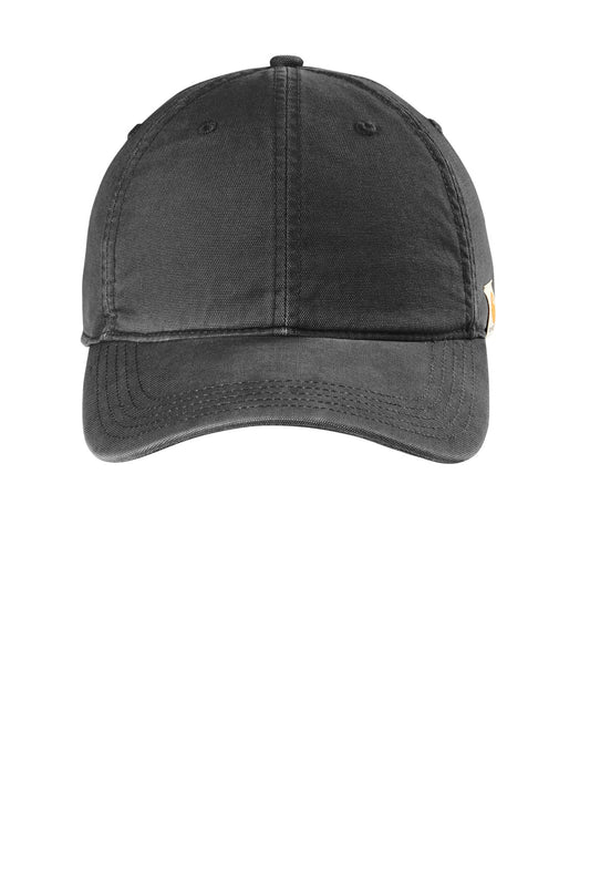 Black Carhartt cotton canvas cap with full front view, adjustable brim, and stitched logo detail.