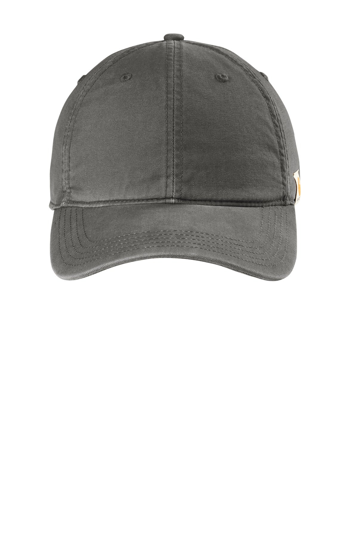 Carhartt cotton canvas cap in gravel color, full front view showing classic baseball cap style and adjustable strap.