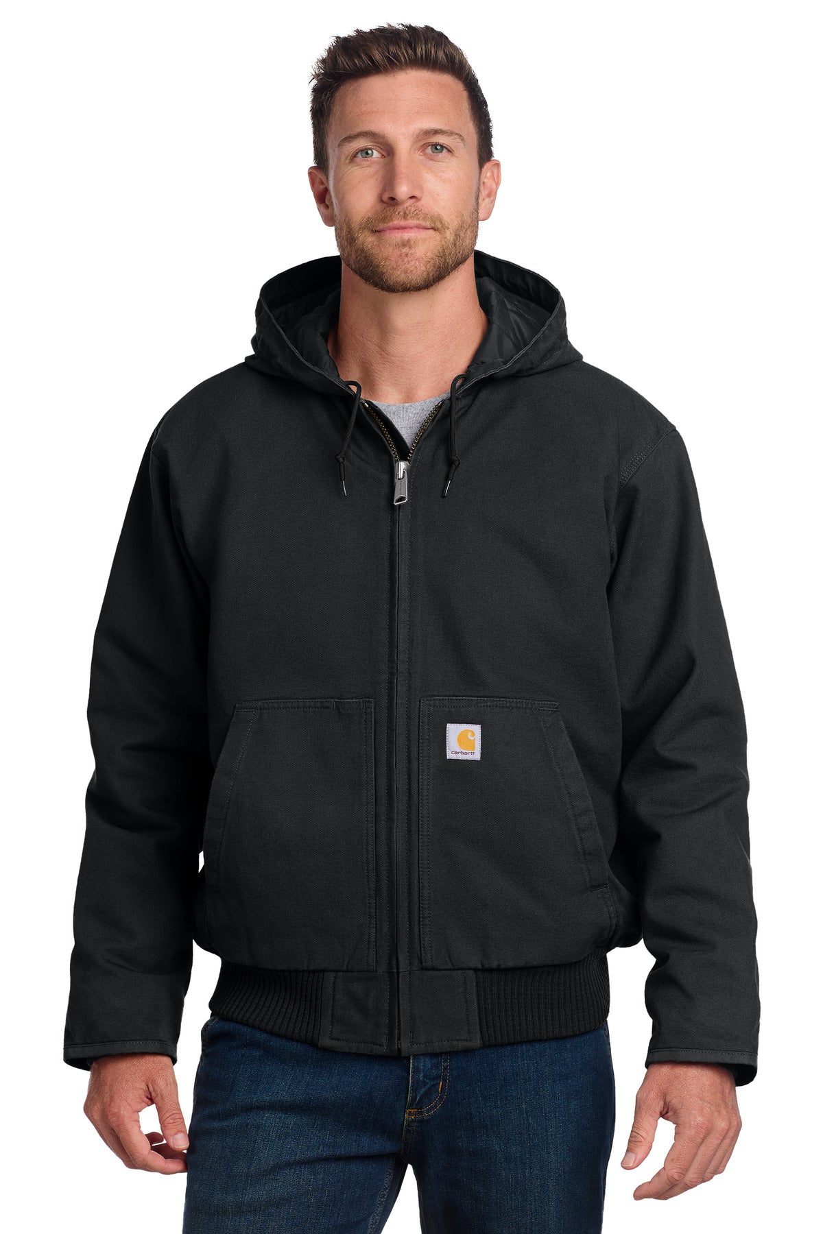 Front view of a black Carhartt Washed Duck Active Jac jacket, showcasing its durable fabric and classic workwear design.