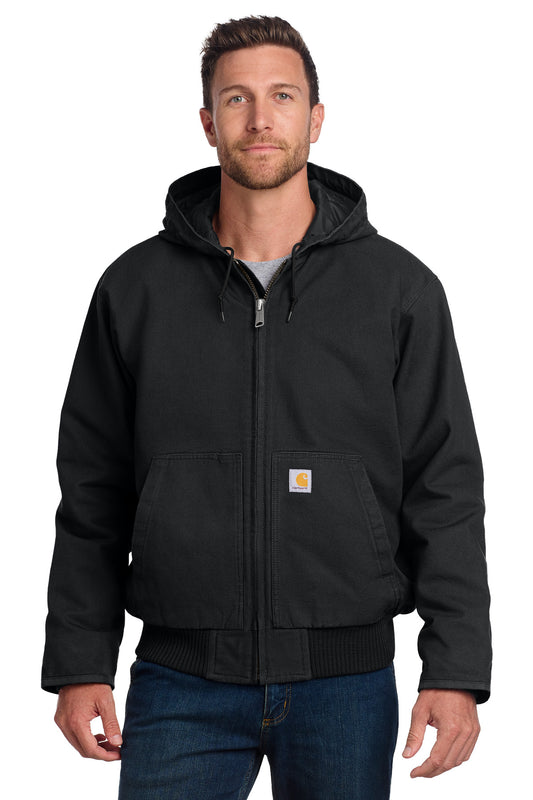 Front view of a black Carhartt Washed Duck Active Jac jacket, showcasing its durable fabric and classic workwear design.