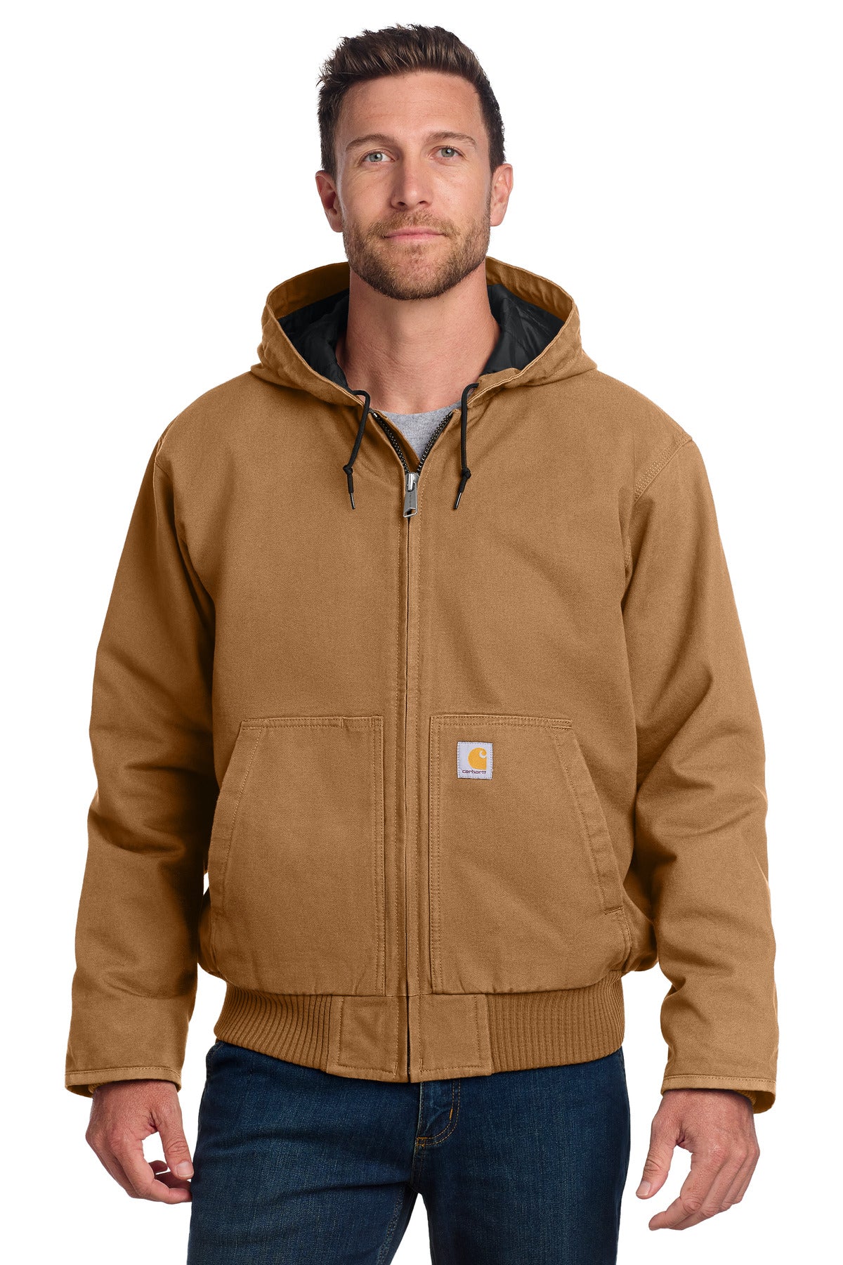 Carhartt Washed Duck Active Jac in brown, front view showing durable workwear jacket with button closures and collar detail.