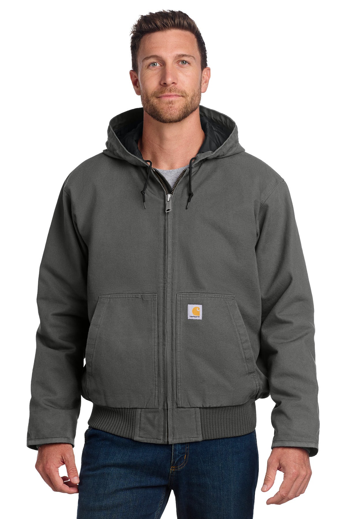 Carhartt Washed Duck Active Jac in gravel color, front view showing durable workwear jacket with front pockets and sturdy construction.