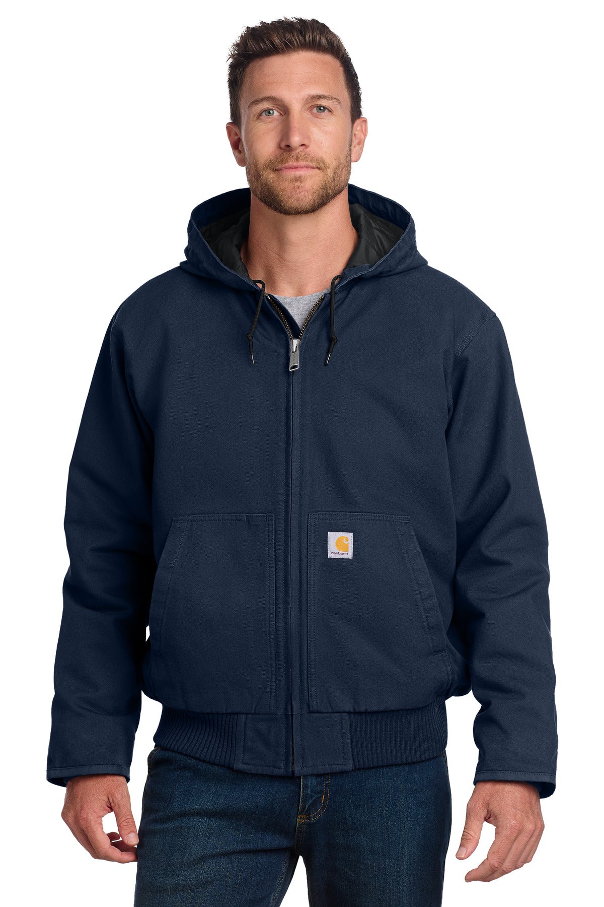 Carhartt Washed Duck Active Jac in navy, front view showing durable workwear jacket with a front zipper and multiple pockets.