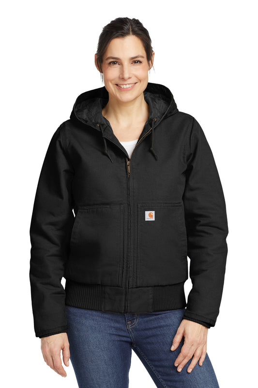 Black Carhartt women's washed duck active jacket displayed from the front view. Durable workwear with a comfortable fit.