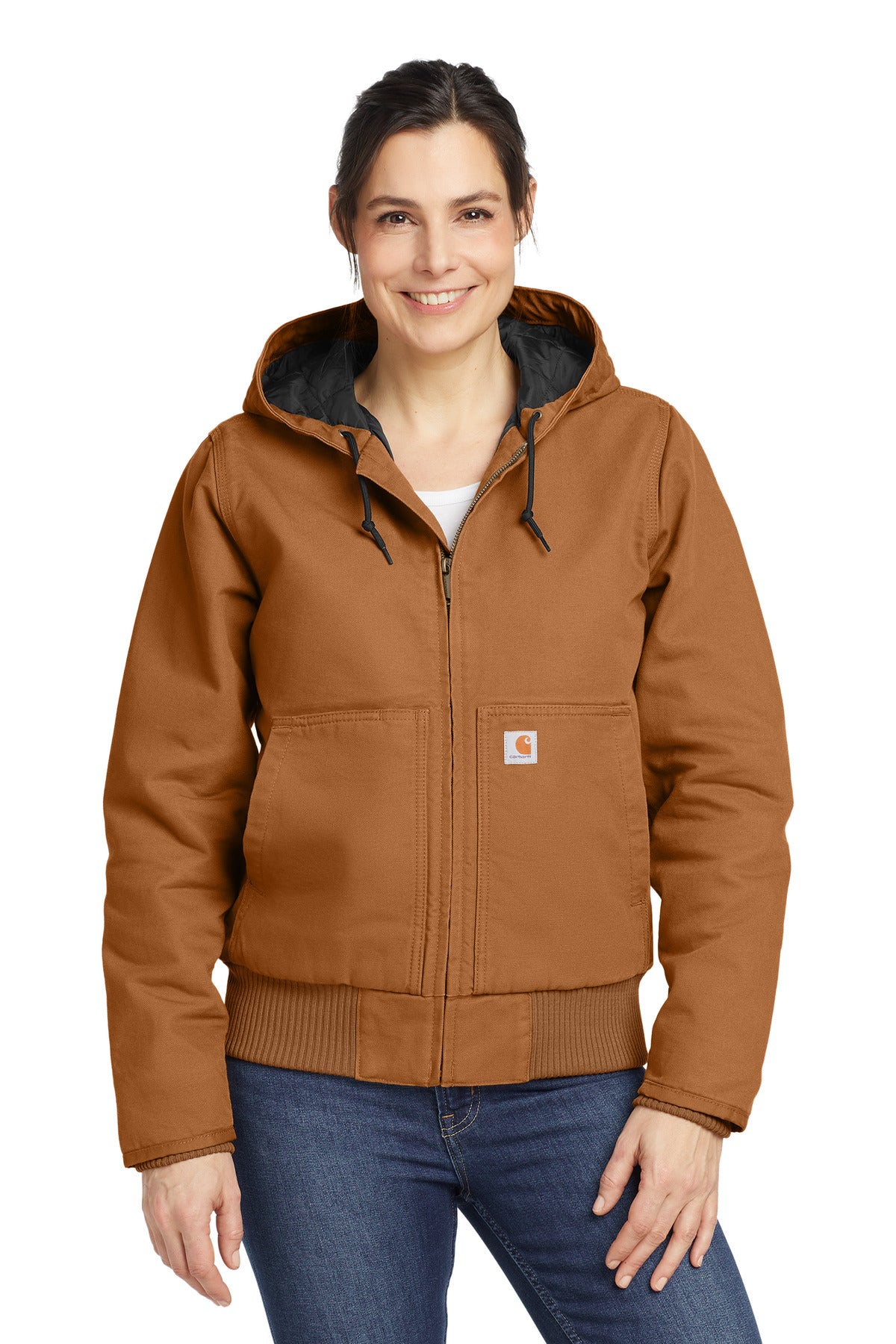 Carhartt Women's Washed Duck Active Jacket in brown, front view showing durable fabric and fit.
