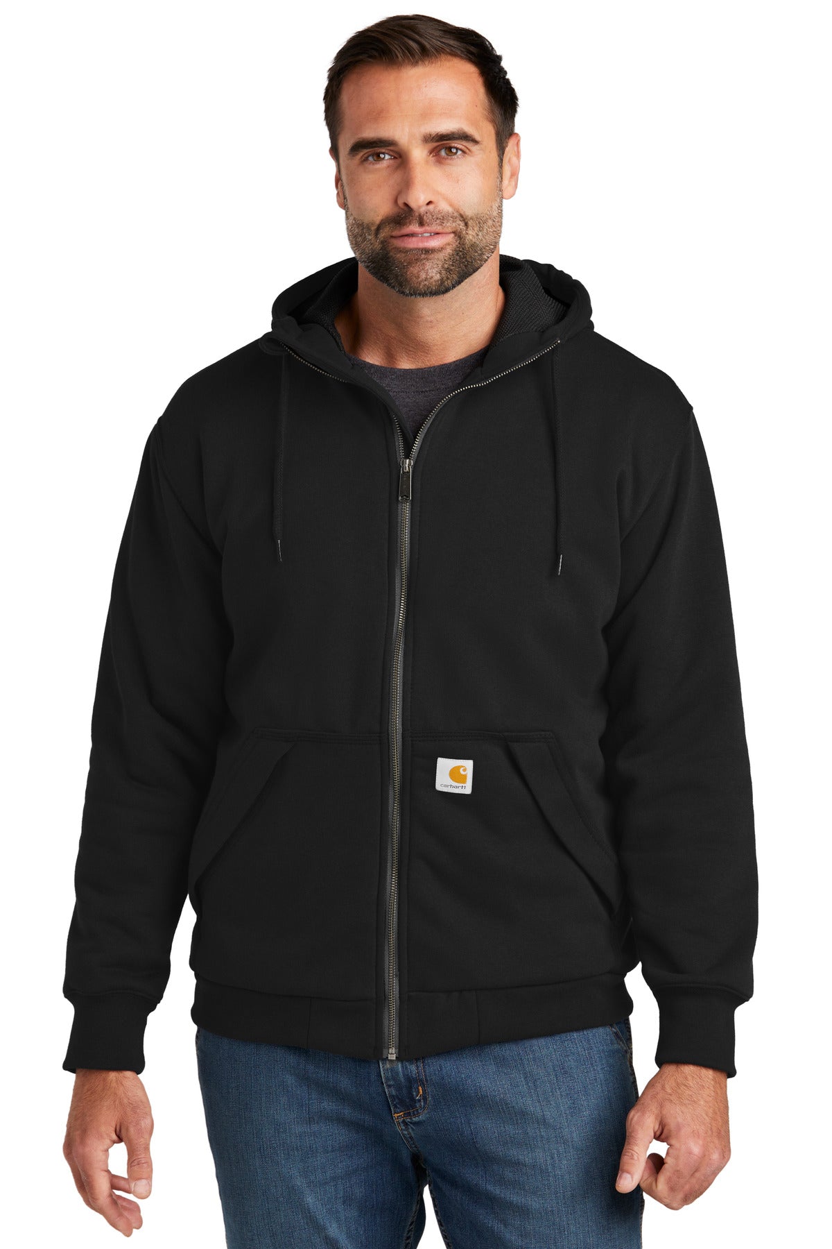 Black Carhartt midweight thermal-lined full-zip sweatshirt with front view on model, showcasing warm, durable workwear style.