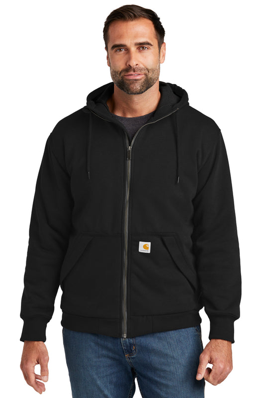 Black Carhartt midweight thermal-lined full-zip sweatshirt with front view on model, showcasing warm, durable workwear style.