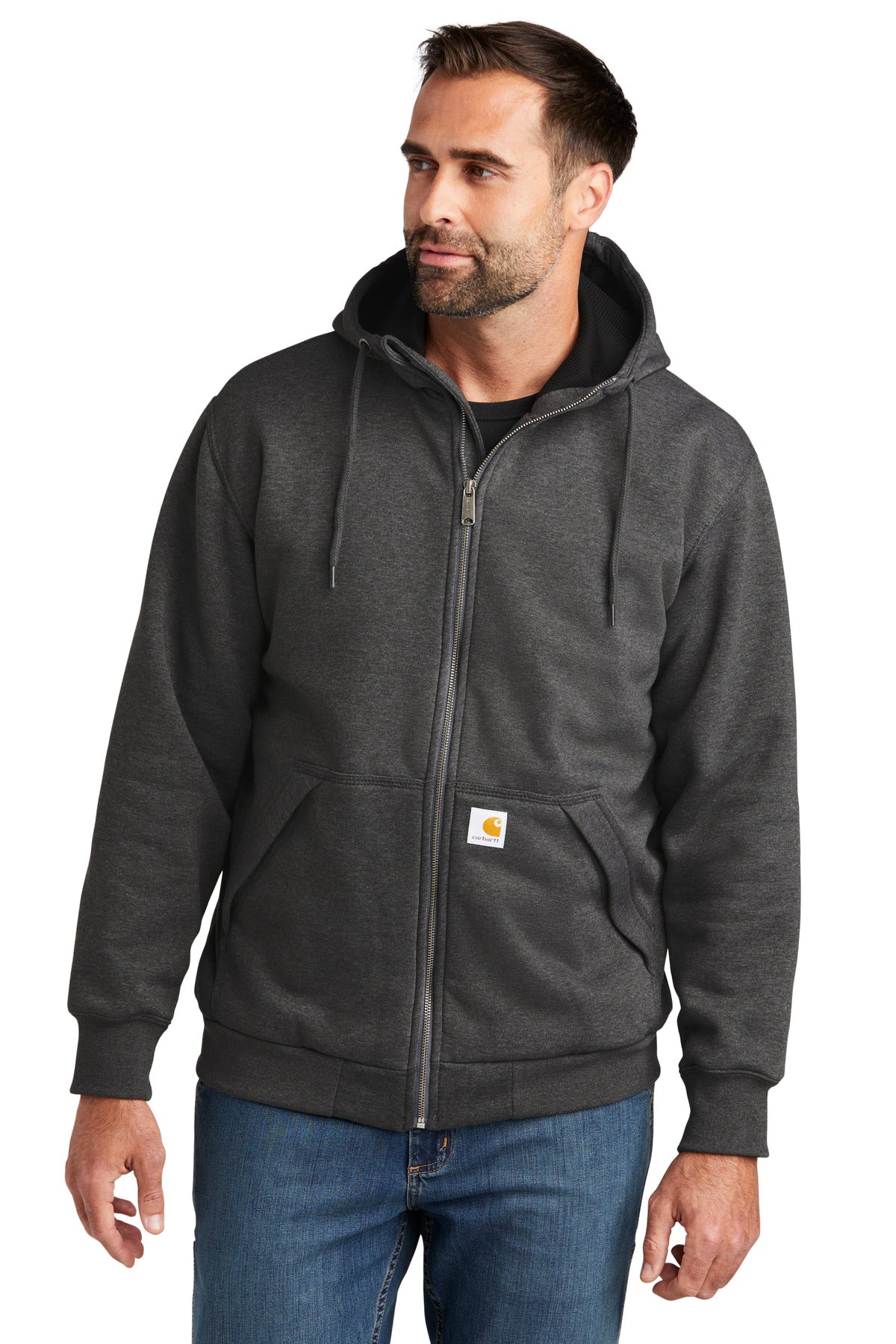 Carhartt midweight thermal-lined full-zip sweatshirt in carbon heather, front view on male model
