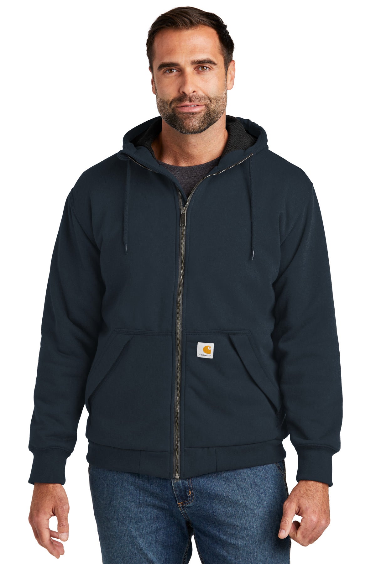 Carhartt Midweight Thermal-Lined Full-Zip Sweatshirt in navy, front view showing zipper and warm interior fabric.