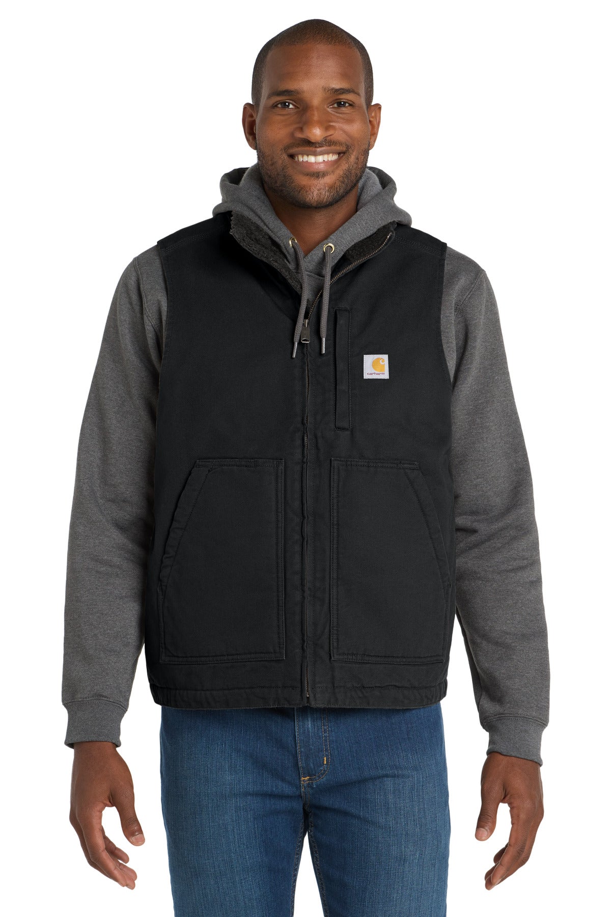 Black Carhartt Sherpa-lined mock neck vest worn by a model, showing front view with quilted design and cozy interior detail.