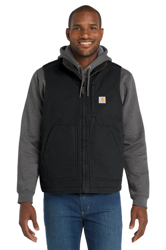 Black Carhartt Sherpa-lined mock neck vest worn by a model, showing front view with quilted design and cozy interior detail.