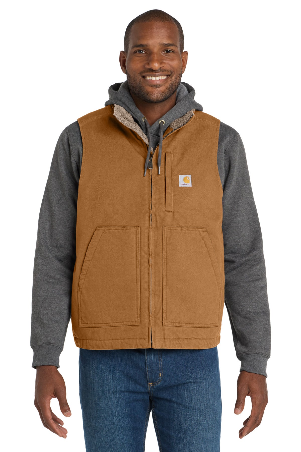 Carhartt Sherpa-lined mock neck vest in brown, front view showing quilted exterior and cozy sherpa lining for warmth and style.