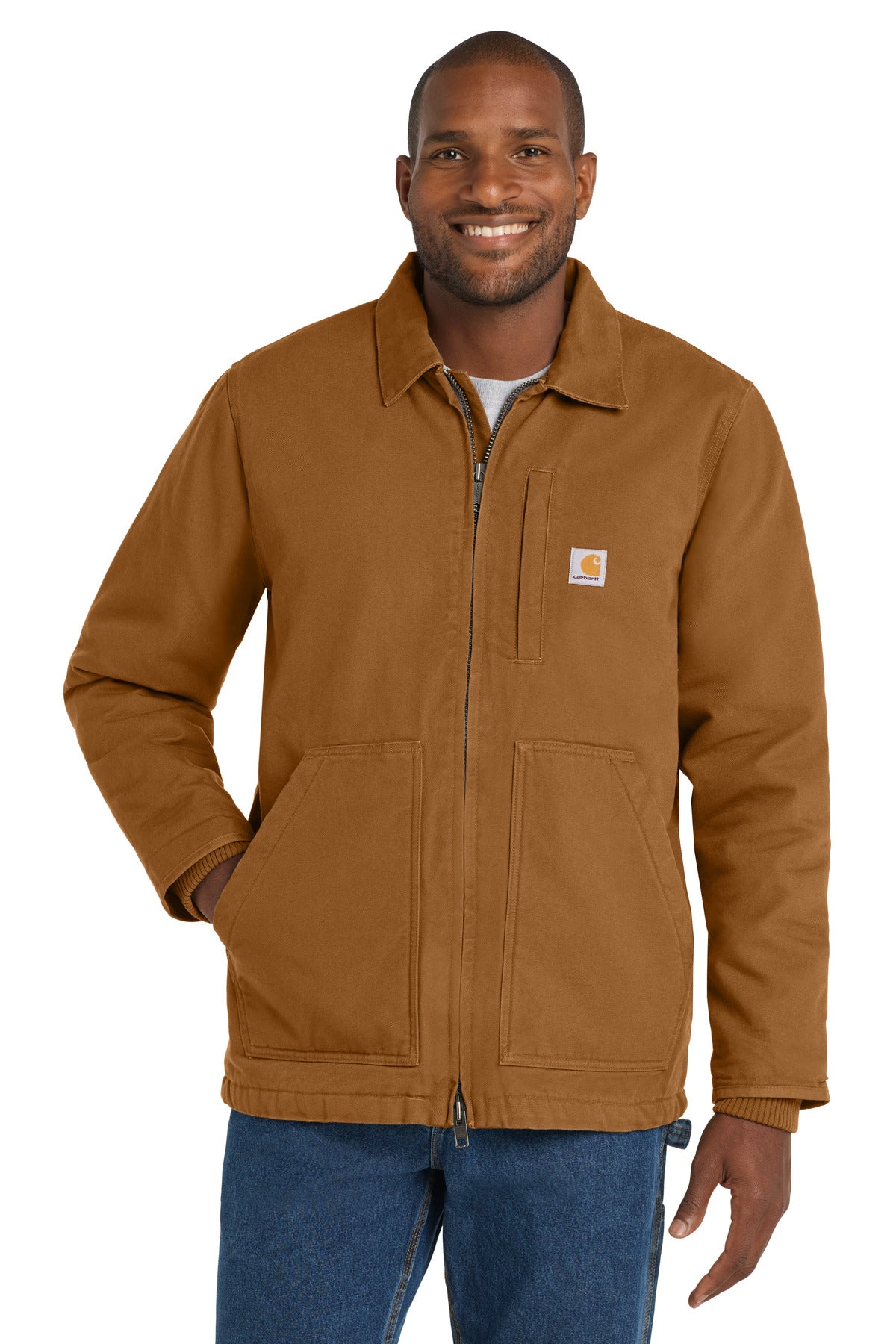 Carhartt Sherpa-lined coat in brown, front view showing durable fabric and cozy interior for cold weather wear.