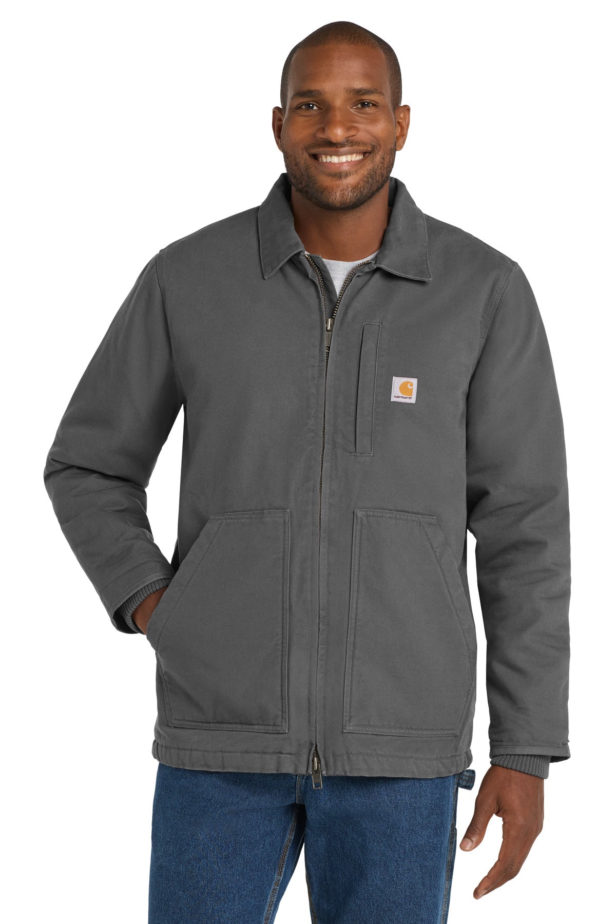 Carhartt sherpa-lined coat in gravel color, front view showing warmth and rugged style for cold weather.