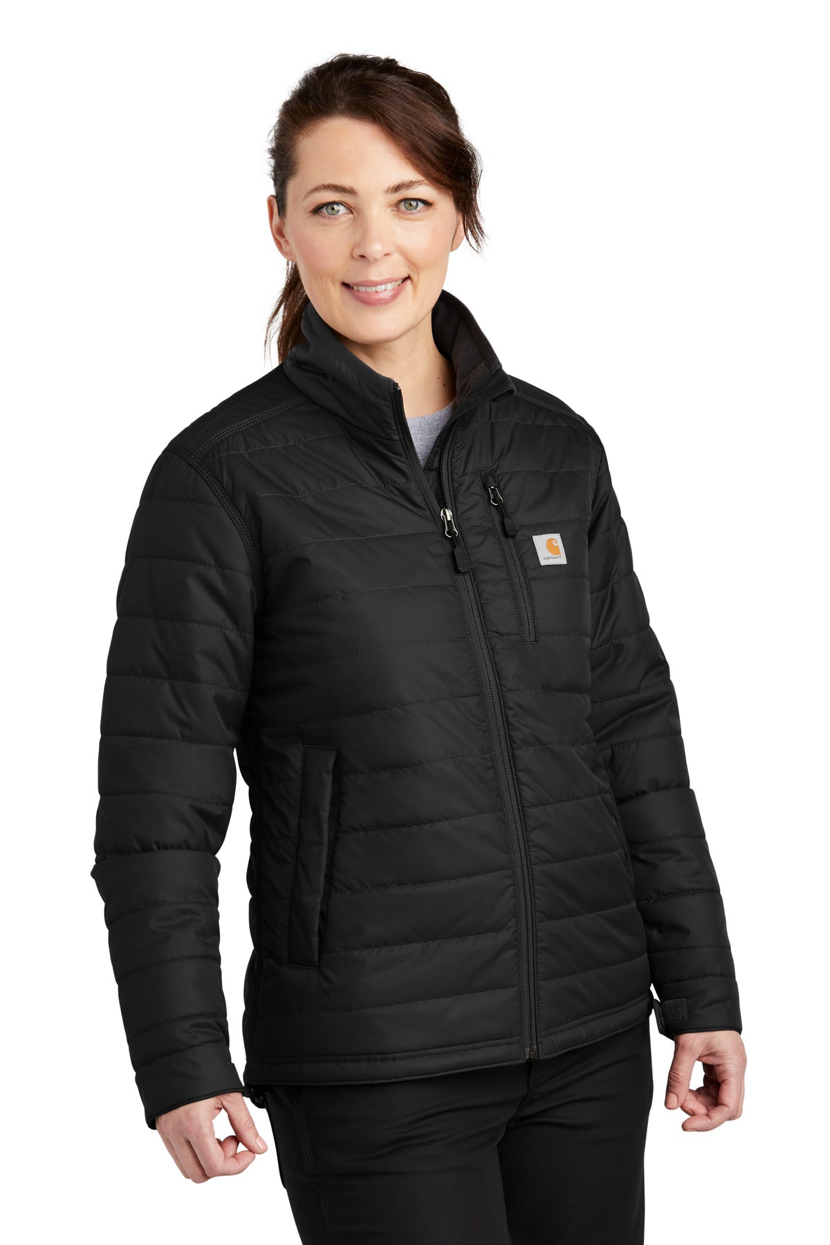 Black Carhartt Women's Gilliam Jacket CT104314 front view showing durable fabric and classic design.