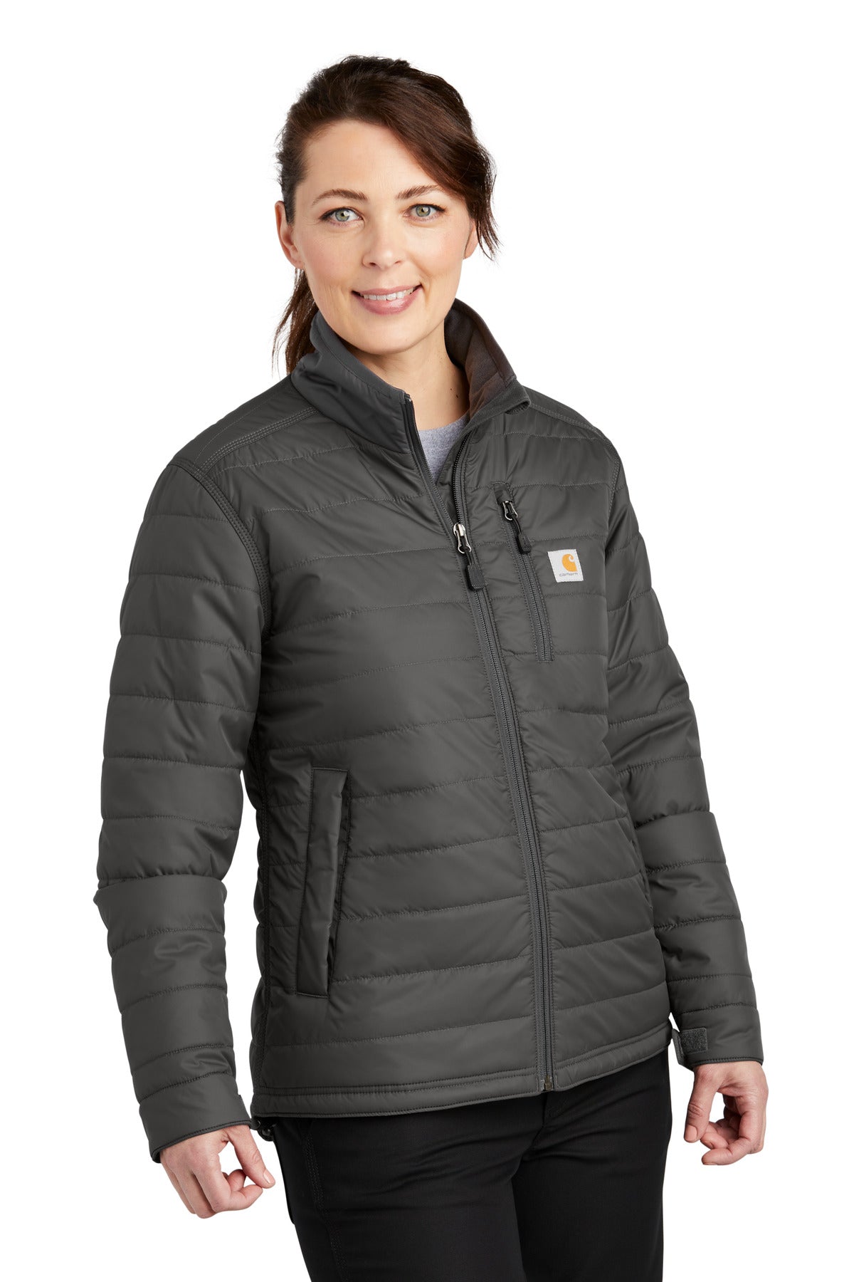 Carhartt women's Gilliam jacket in shadow grey, front view, showcasing durable fabric and stylish design.
