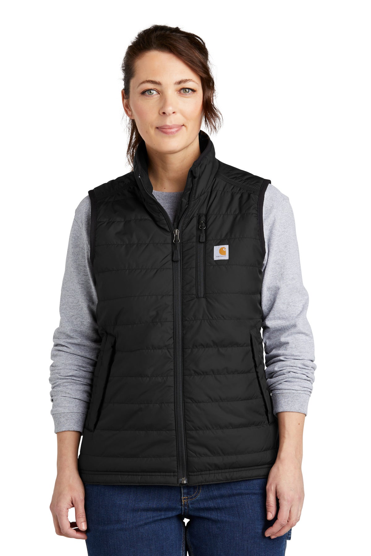 Black Carhartt Women's Gilliam Vest worn by model, front view showcasing durable workwear design and quilted collar.