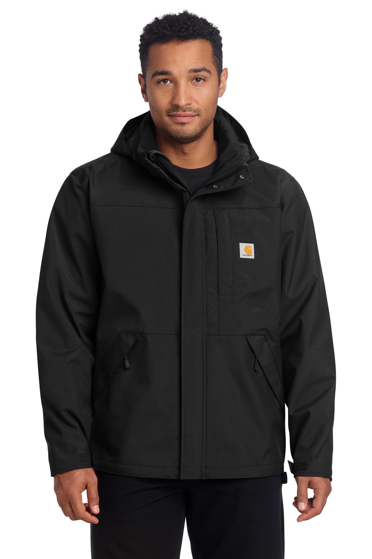 Black Carhartt Storm Defender Shoreline Jacket CT104670 front view showing waterproof fabric and adjustable hood.