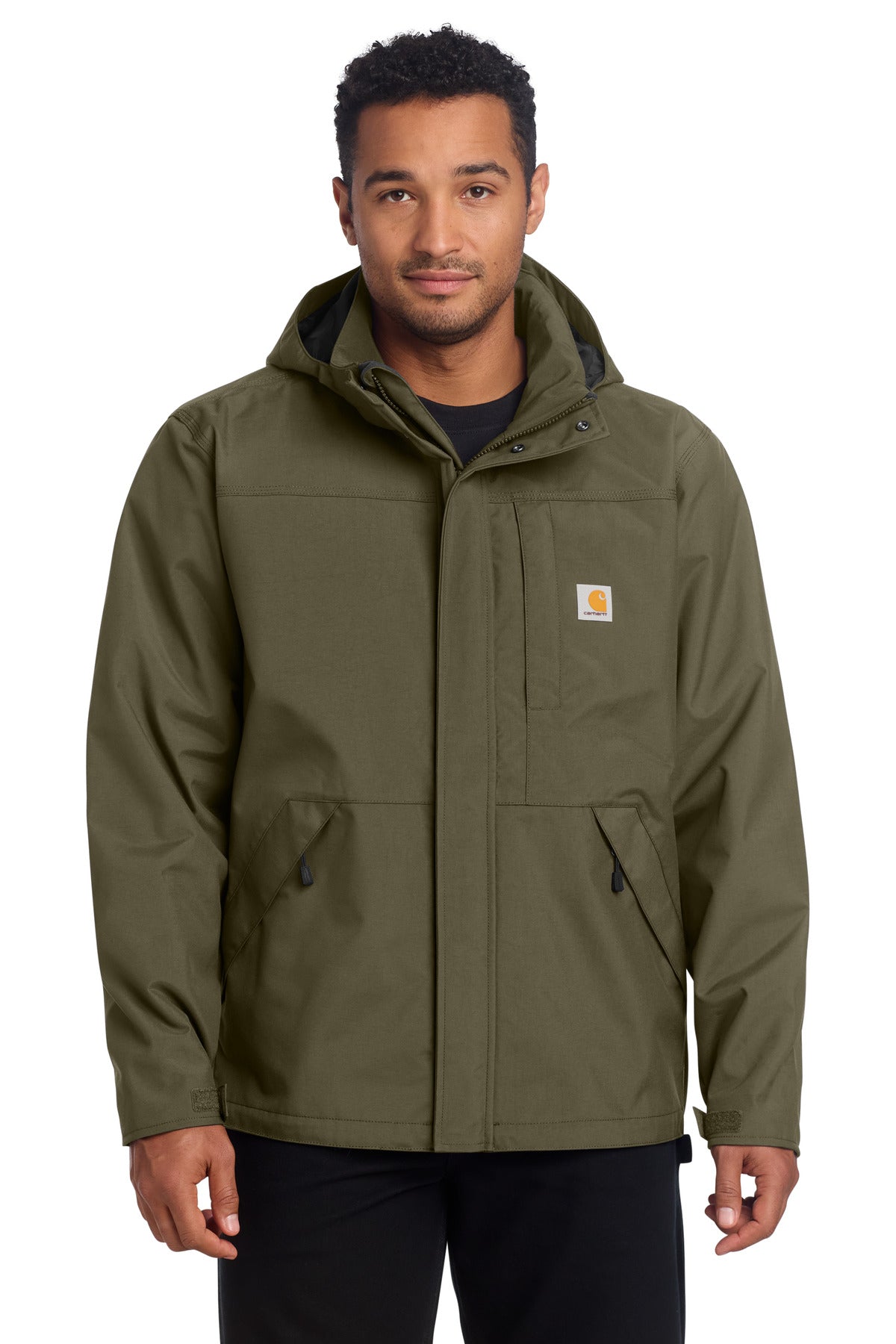 Carhartt Storm Defender Shoreline Jacket in moss color, front view showing waterproof fabric and adjustable hood.