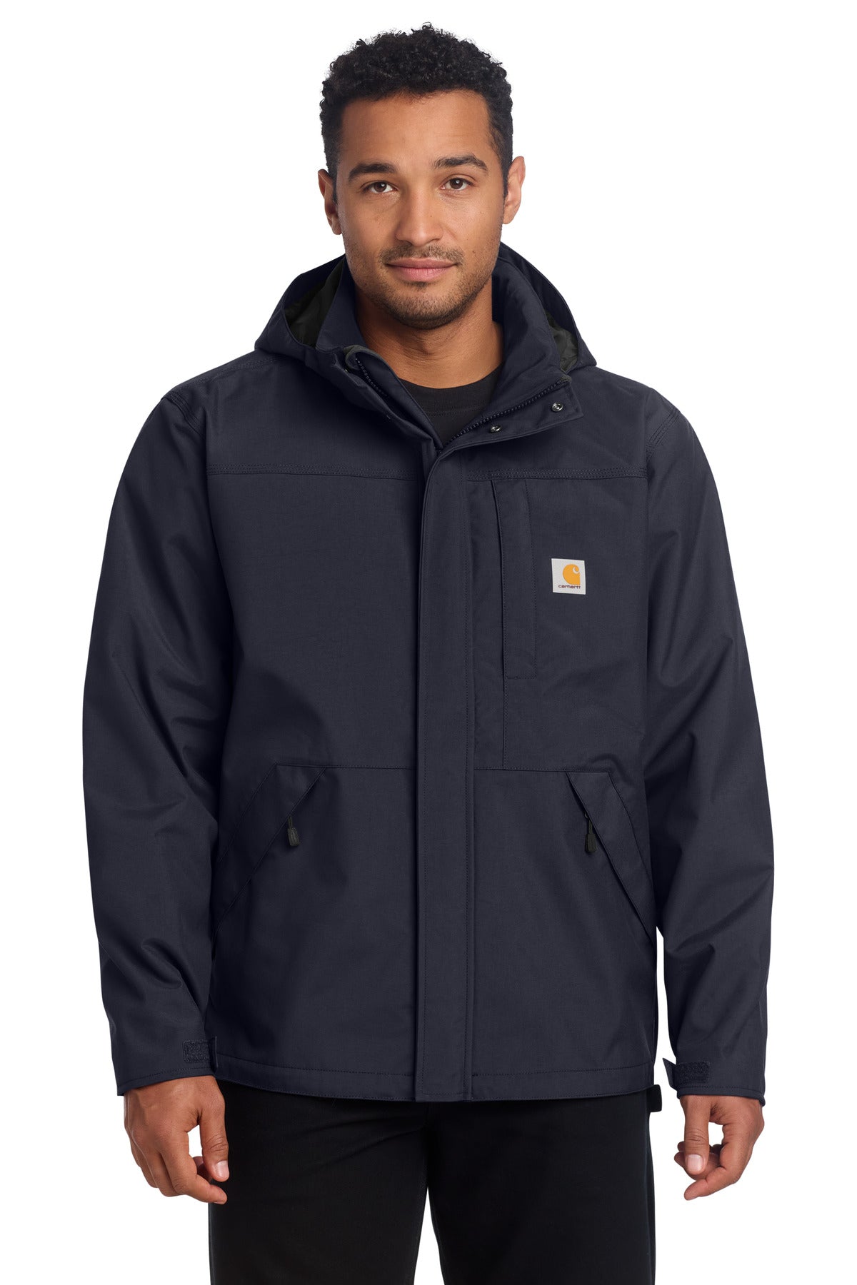 Navy Carhartt Storm Defender Shoreline Jacket CT104670 front view showing waterproof fabric and adjustable hood.