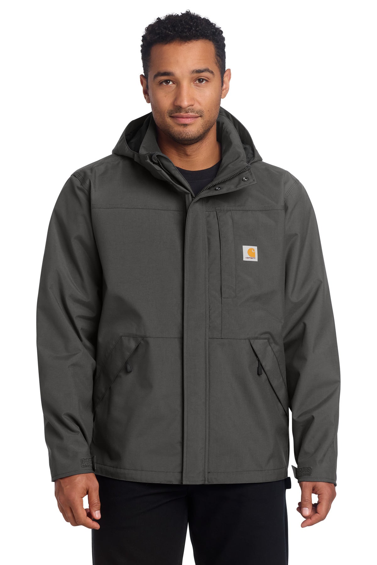 Carhartt Storm Defender Shoreline Jacket in shadow grey, front view showing water-resistant fabric and hooded design.