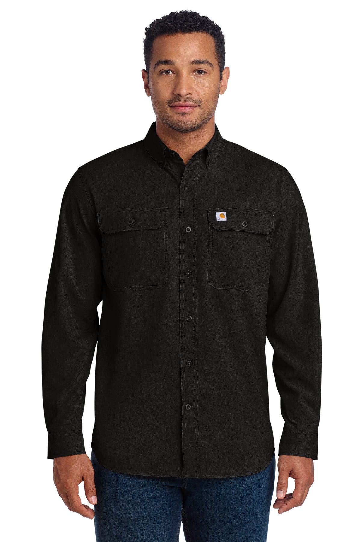 Black Carhartt Force solid long sleeve shirt worn by a model, front view showcasing durable workwear design.