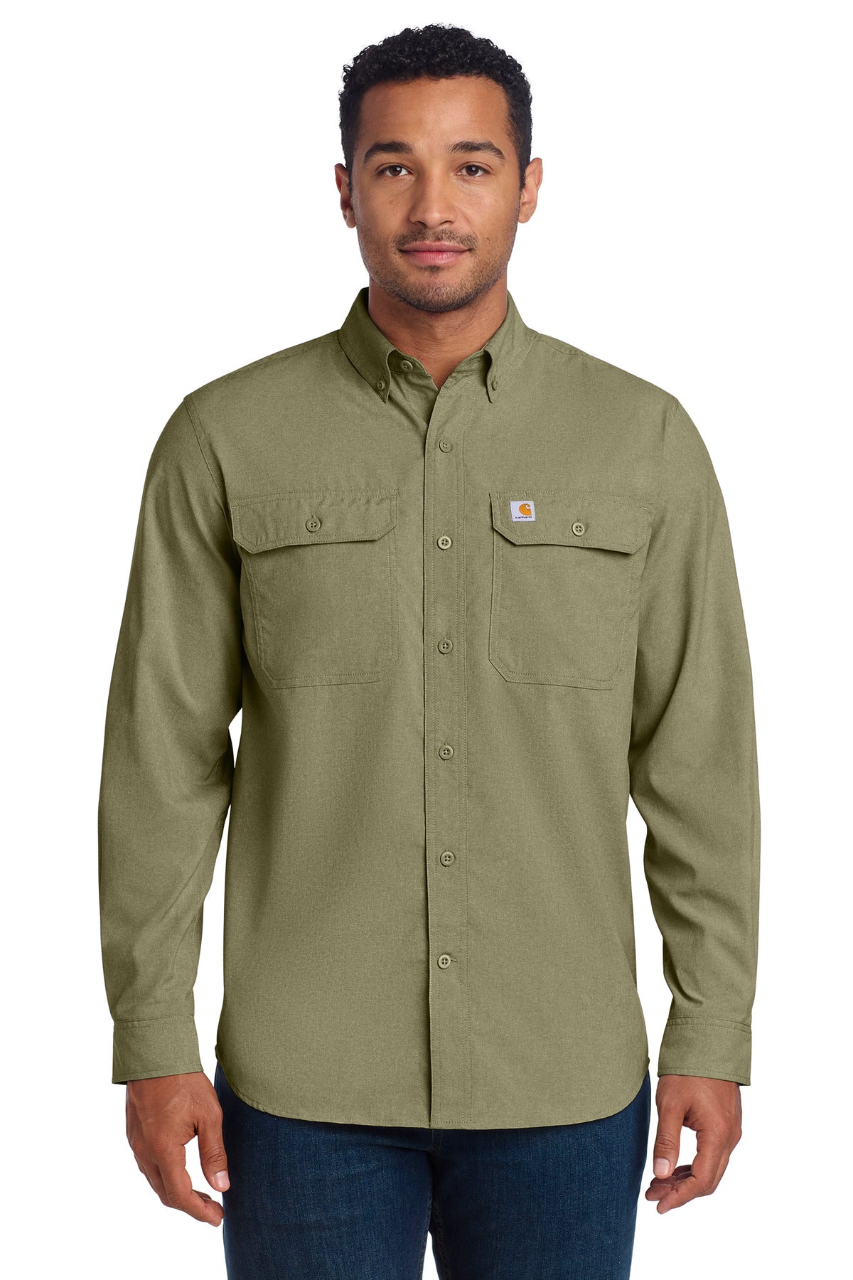 Front view of Carhartt Force solid long sleeve shirt in burntolive, featuring a classic fit and durable fabric.