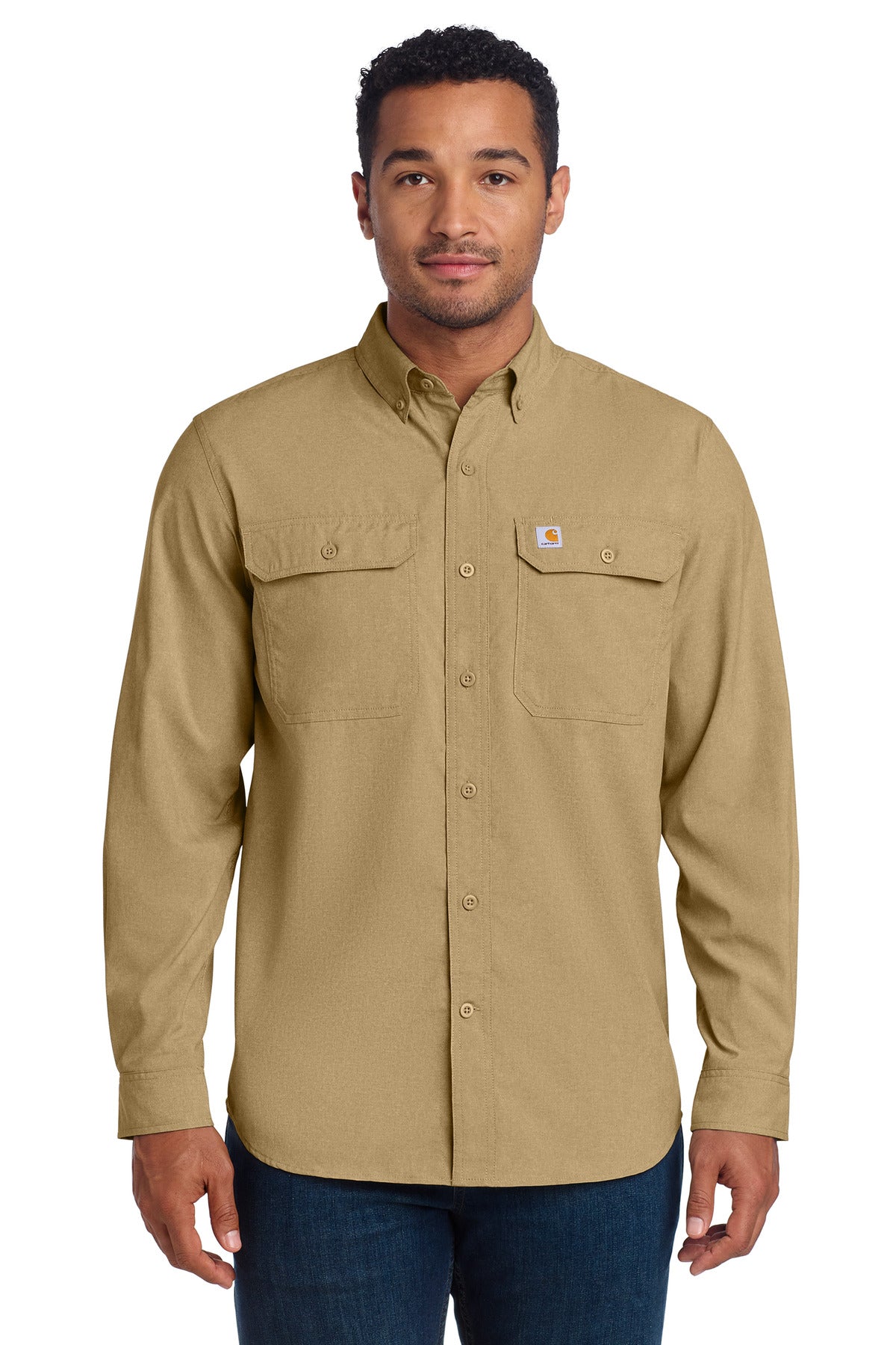 Carhartt Force solid long sleeve shirt in dark khaki, front view on male model, durable workwear with a classic fit