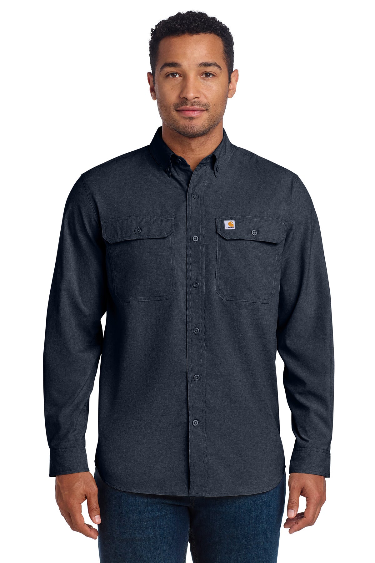Navy Carhartt Force solid long sleeve work shirt with front view, featuring a button-up design and durable fabric.
