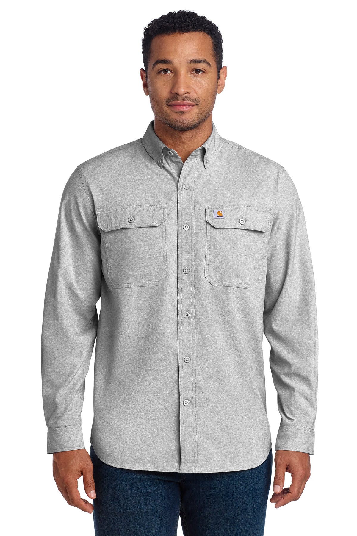 Carhartt Force solid long sleeve shirt in steel color, front view showing durable fabric and classic fit.