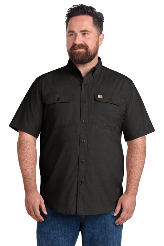 Black Carhartt Force solid short sleeve work shirt on male model, front view showing button-up design and collar.