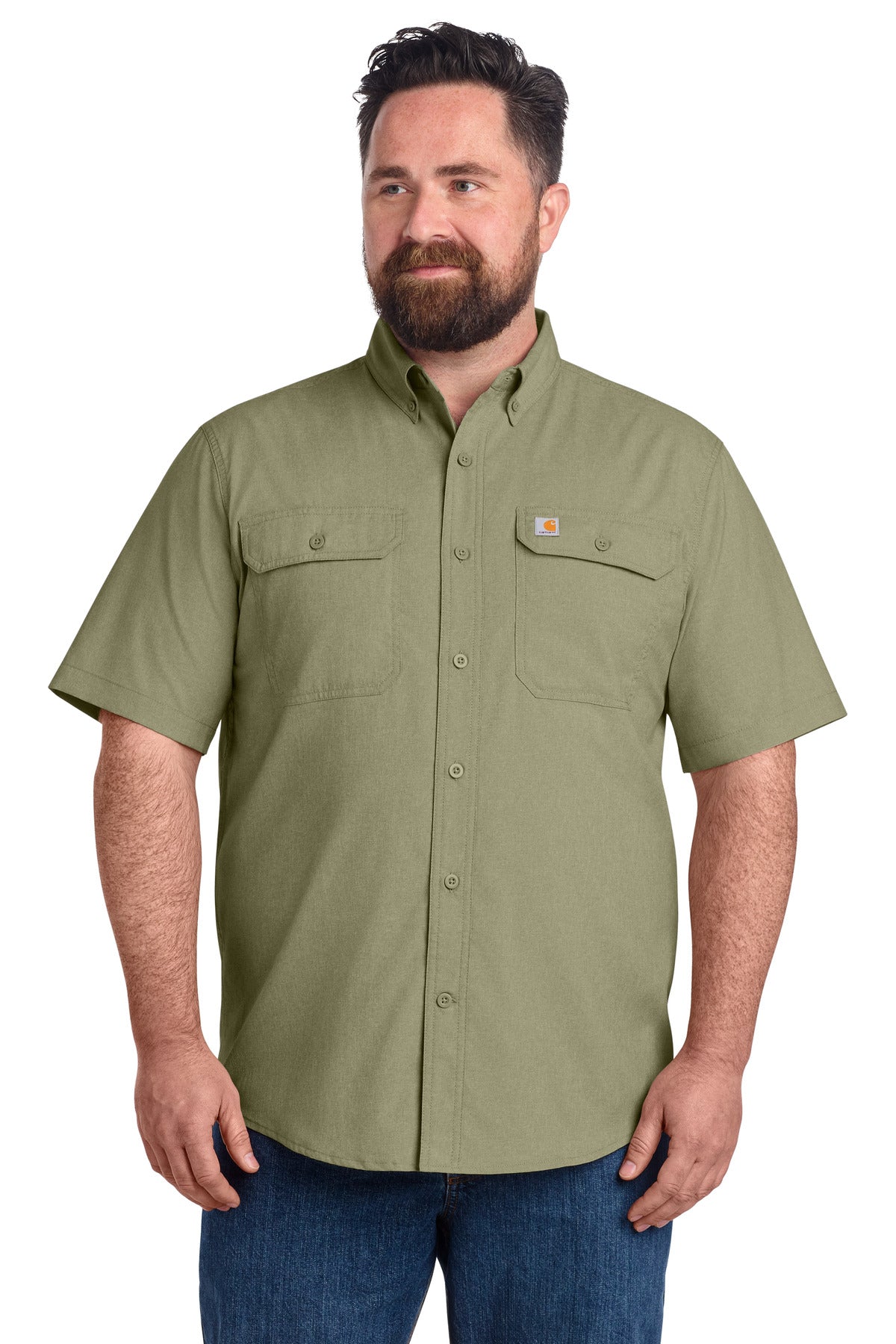 Carhartt Force solid short sleeve shirt, front view on model, lightweight durable workwear in navy with button collar.