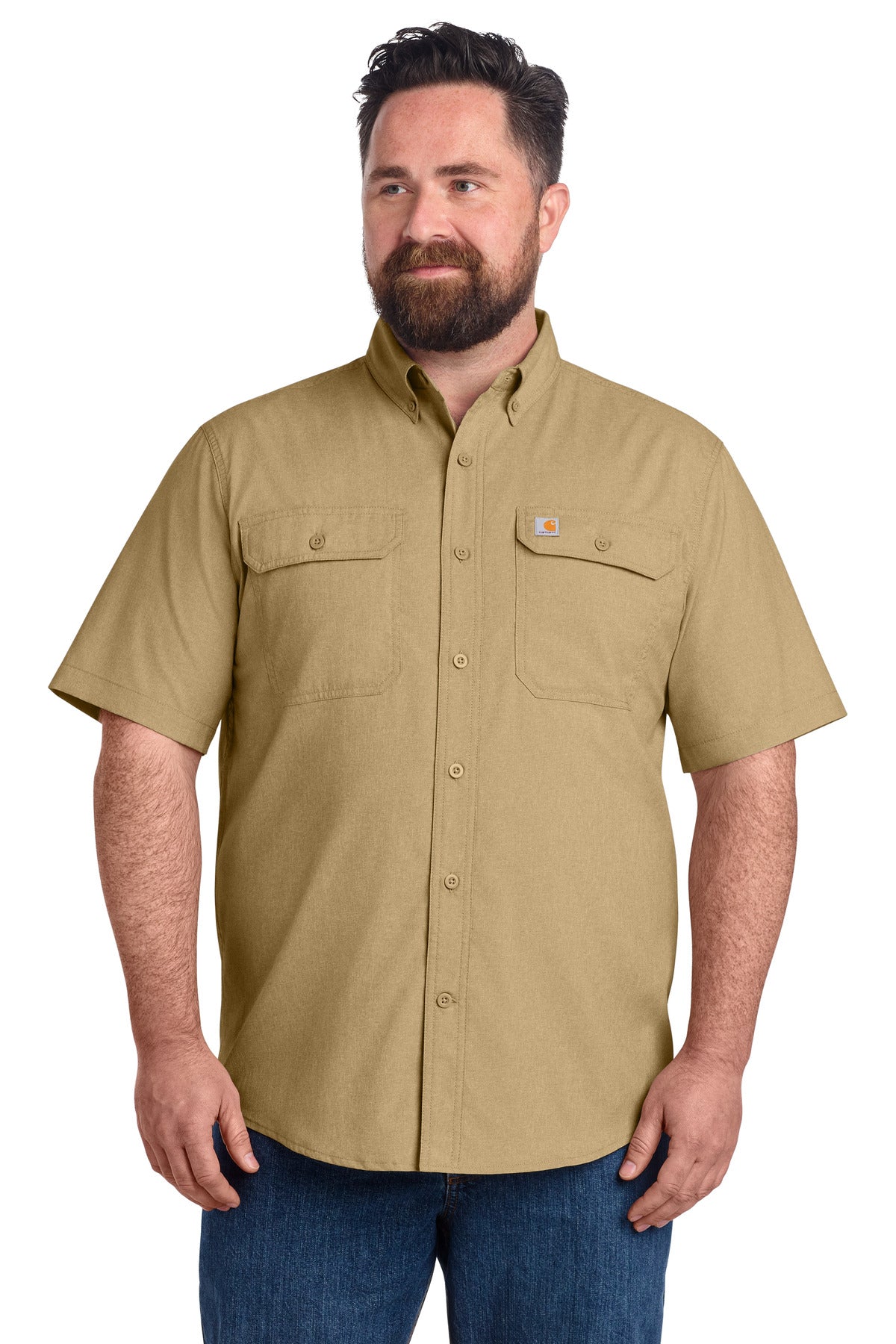 Dark khaki Carhartt Force solid short sleeve work shirt worn by a model, front view showing classic fit and durable fabric.