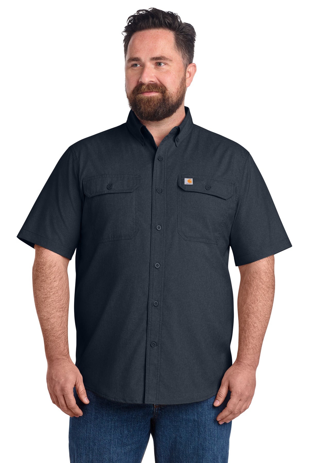 Navy Carhartt Force® solid short sleeve shirt with front view, showcasing durable fabric and classic fit.