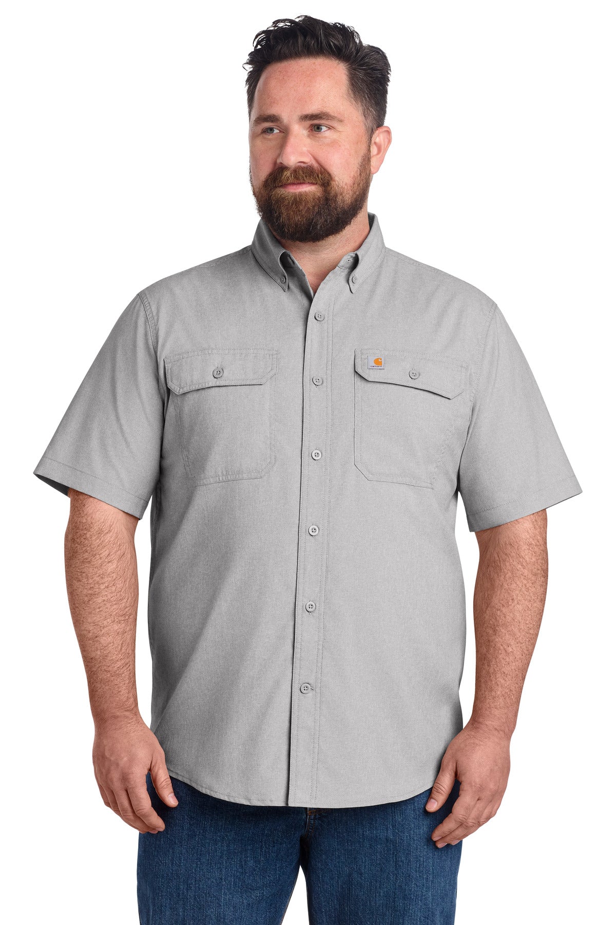 Front view of Carhartt Force® solid short sleeve shirt in steel color, featuring a classic crew neck and durable fabric.