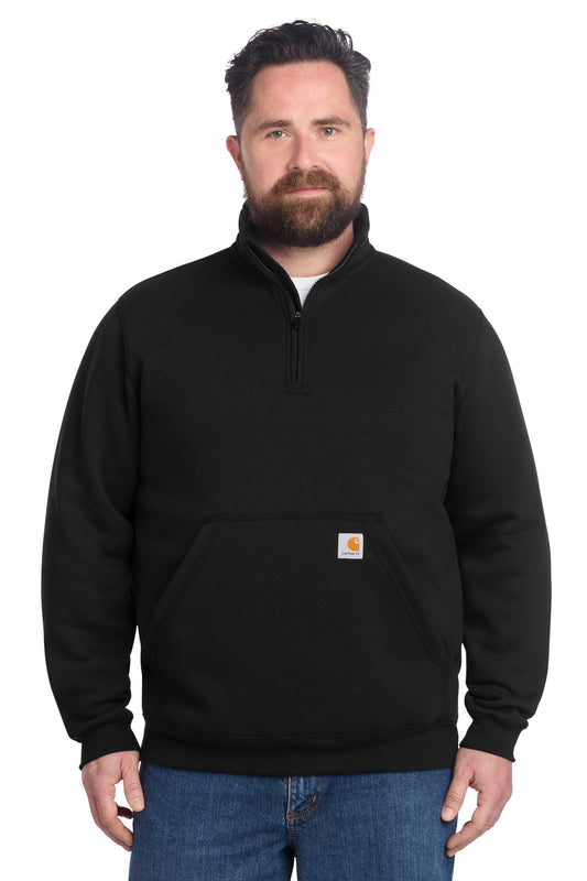 Black Carhartt midweight 1/4-zip mock neck sweatshirt worn by a model, front view showing the collar and zipper.