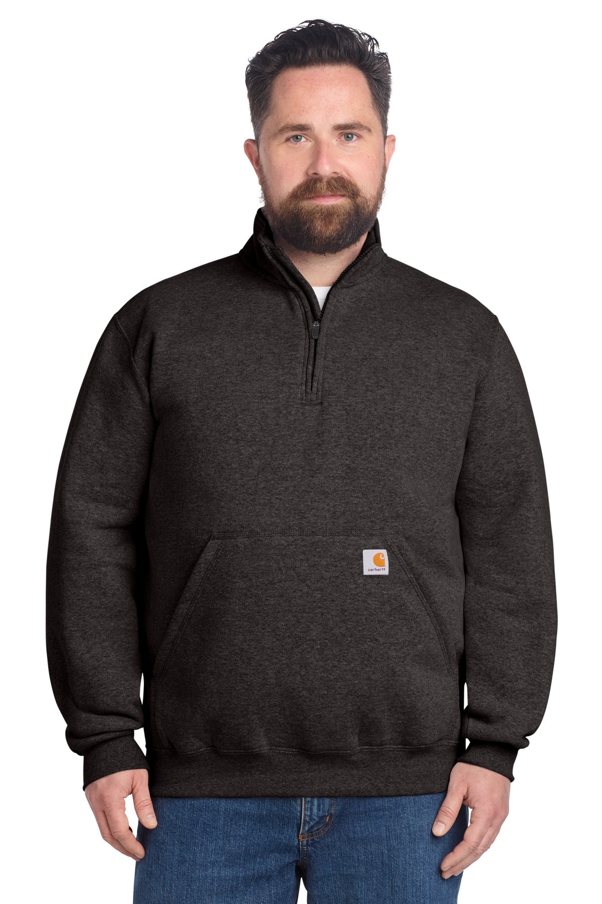 Carhartt midweight 1/4-zip mock neck sweatshirt in carbon heather, front view showing the logo and comfortable fit.