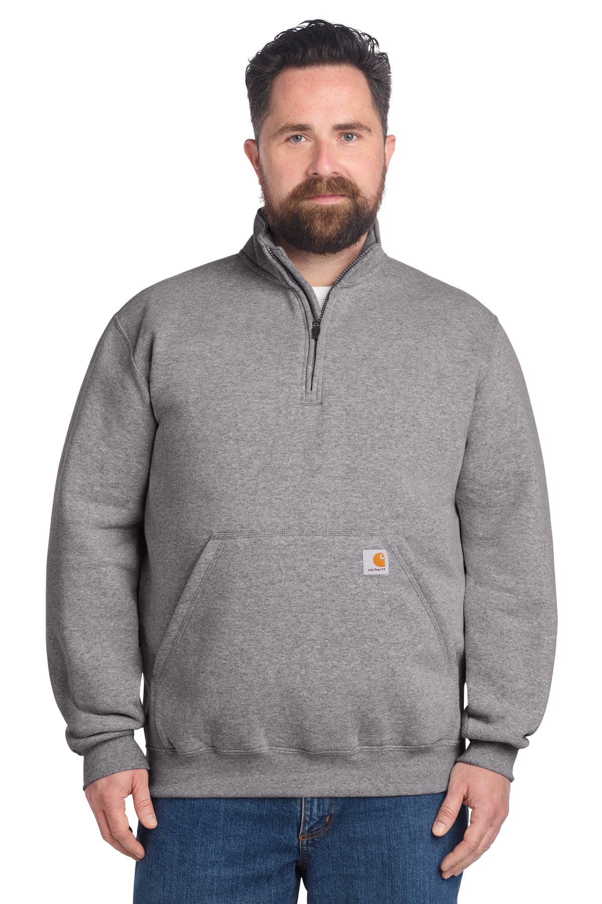 Carhartt midweight heather grey 1/4-zip mock neck sweatshirt displayed on a model, featuring a front view with visible zipper and collar.
