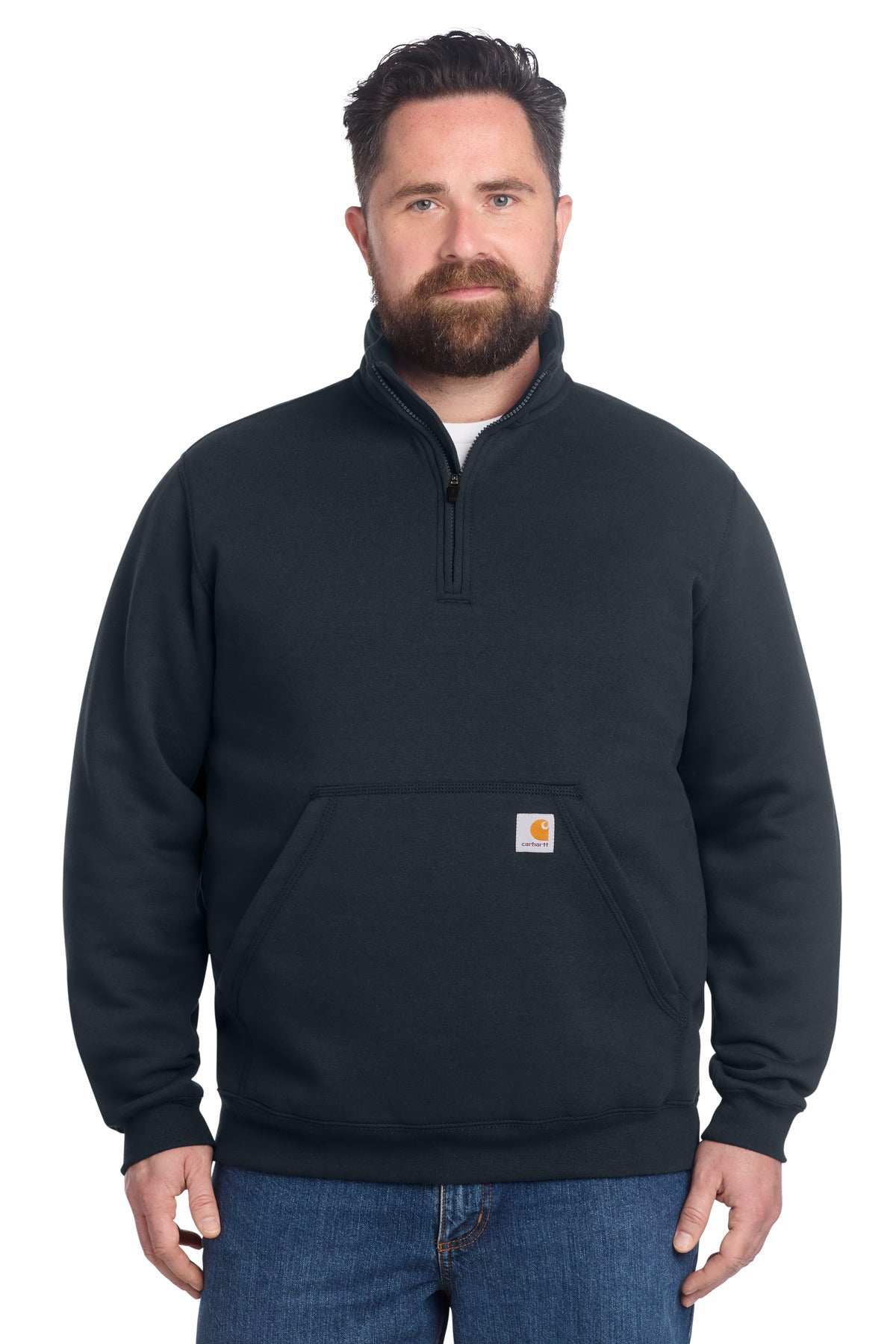 Carhartt midweight 1/4-zip mock neck sweatshirt in navy, front view, showcasing the Carhartt logo and comfortable fit.