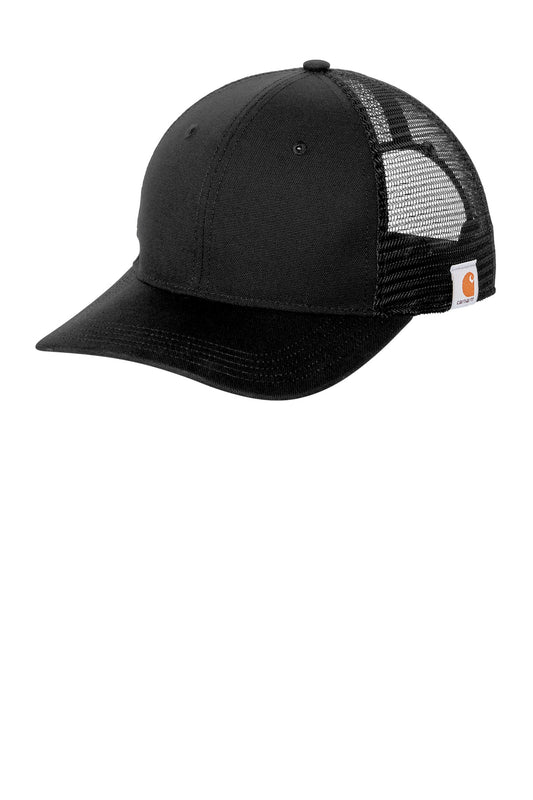 Black Carhartt canvas mesh back cap with flat front, adjustable strap, and breathable mesh panels.