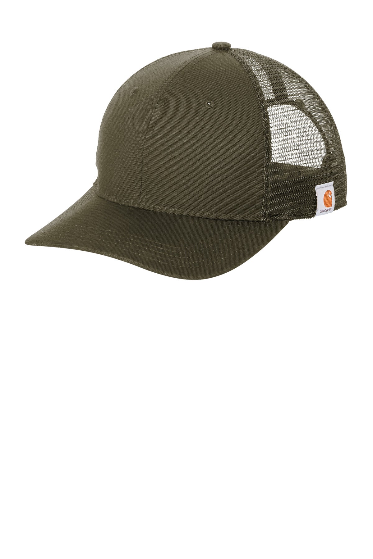 Carhartt canvas mesh back cap in moss color with flat front design and adjustable strap, casual outdoor headwear.