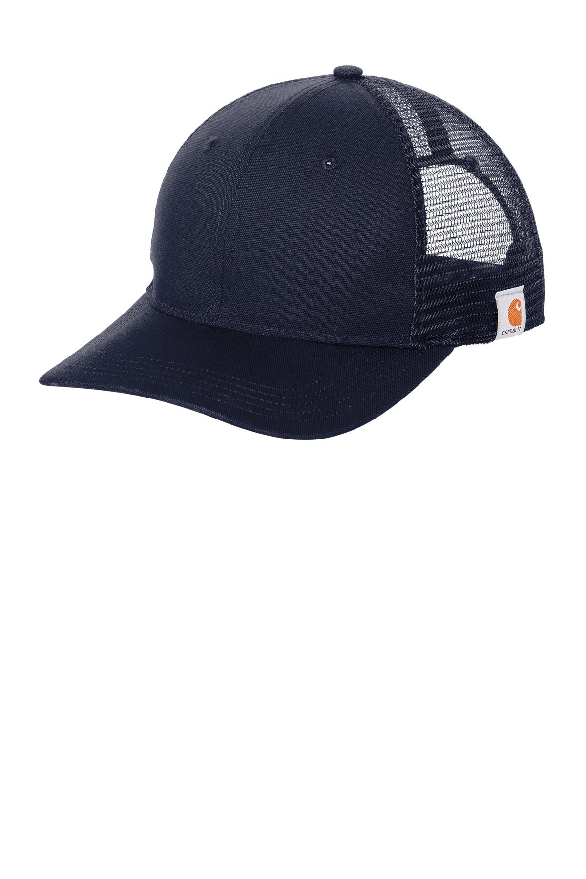 Navy Carhartt canvas mesh back cap with flat front, adjustable strap, and embroidered logo for casual outdoor wear.