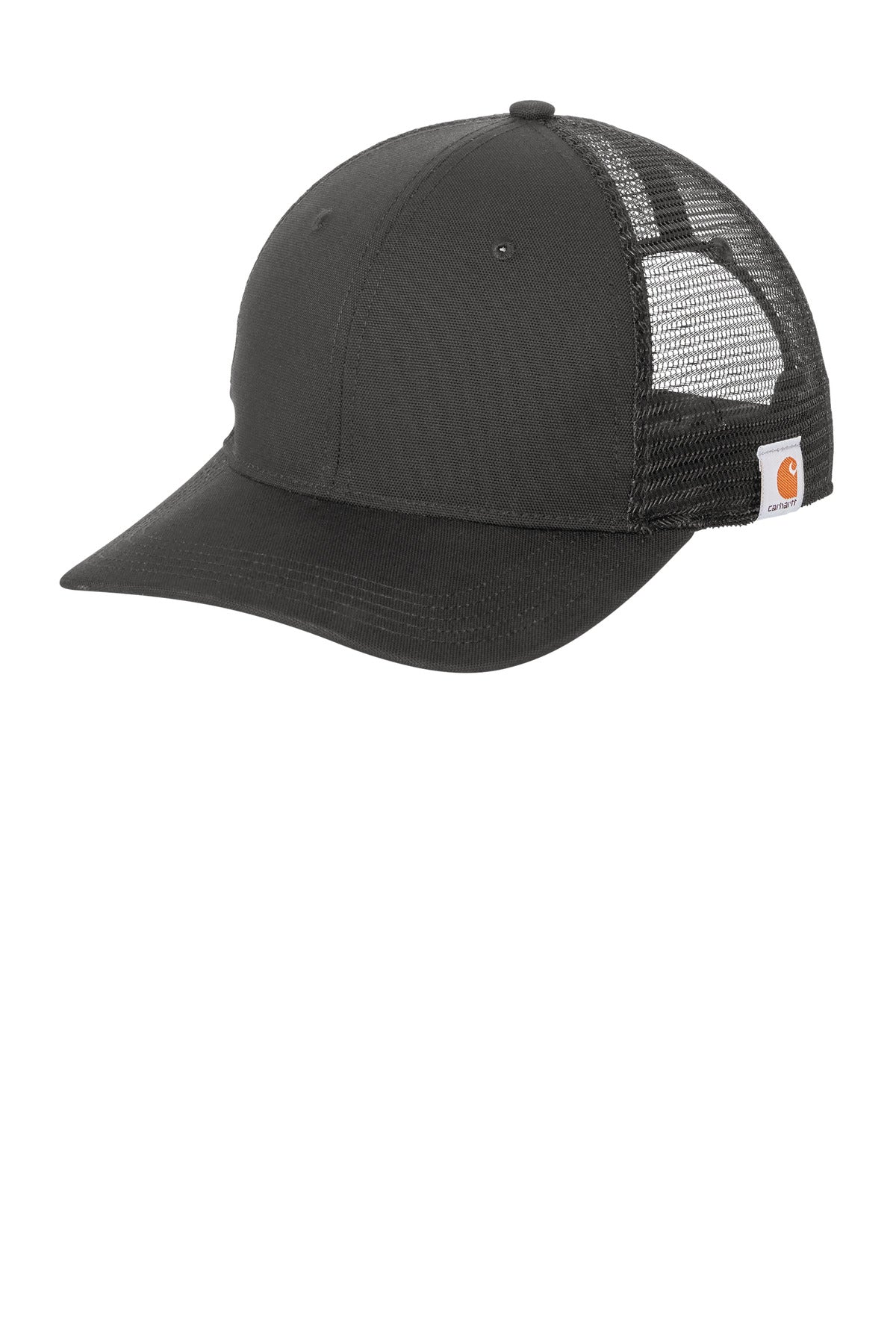 Carhartt Canvas Mesh Back Cap in shadow grey with flat front, adjustable strap, and breathable mesh back for casual wear.
