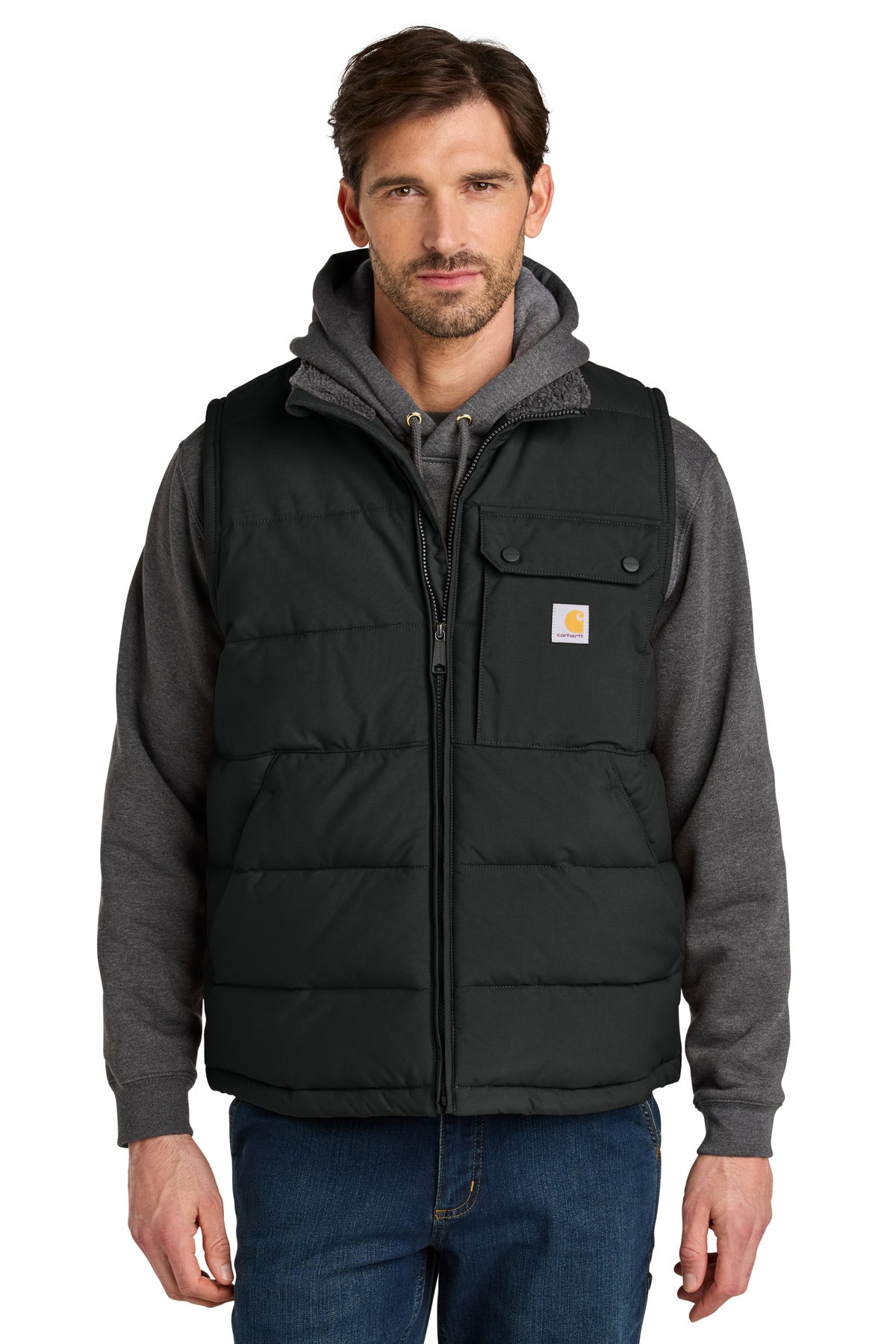 Black Carhartt Montana Insulated Vest CT105475 worn by a model, front view showcasing quilted design and insulated construction.