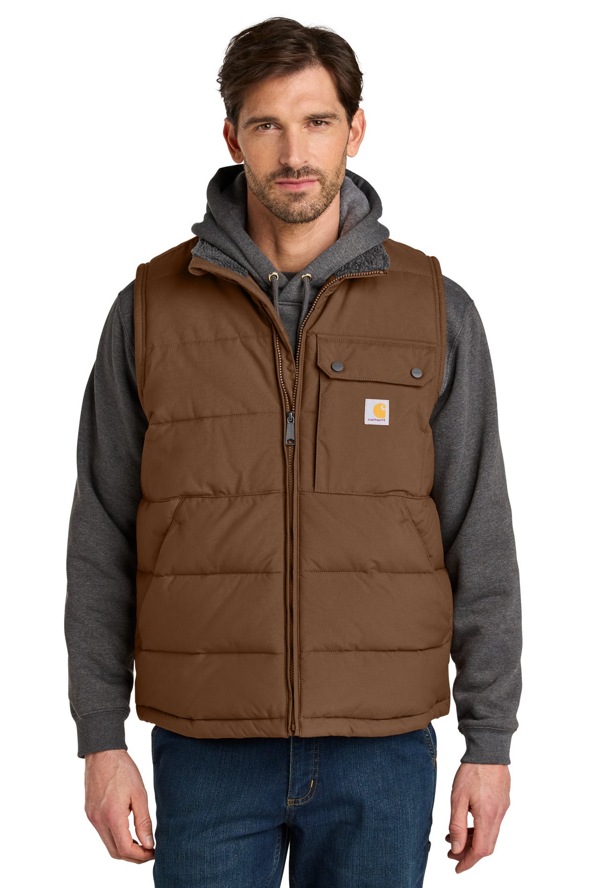 Carhartt Montana insulated vest in red duck brown, front view showing quilted design and durable construction.