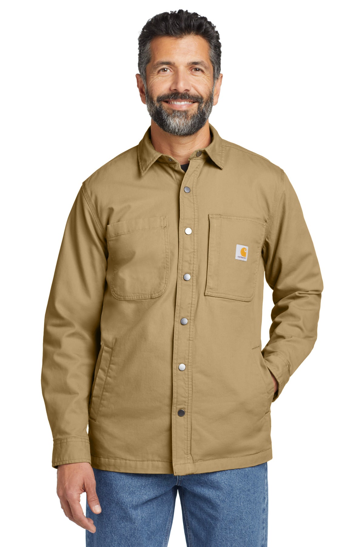 Carhartt Rugged Flex fleece-lined shirt jacket in dark khaki, model wearing front view, durable workwear with flexible comfort